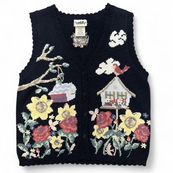 Vintage 90s Sweater Vest Northern Reflections size M Floral Bird embroidered - Picture 1 of 7